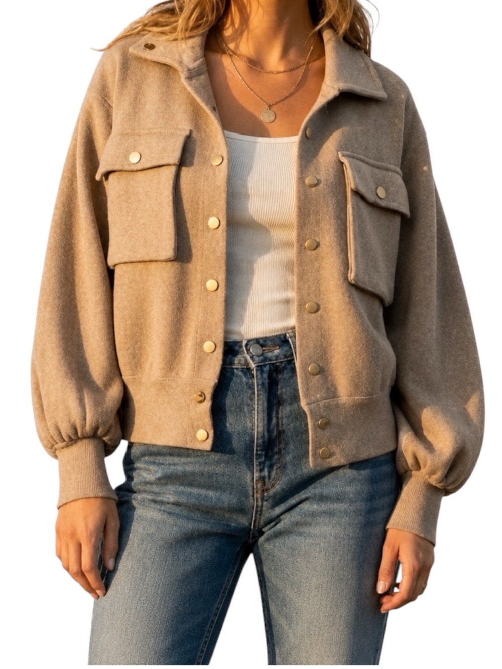 Oliver by Escio Taupe Knit Shacket Cropped Jacket Gold Snap Buttons Medium